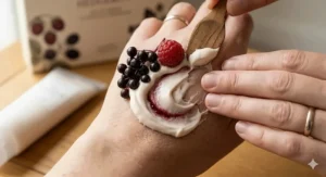 A 4K macro shot showing the rich, creamy texture of the berry-scented moisturising body lotion being applied to skin, highlighted by natural daylight.
