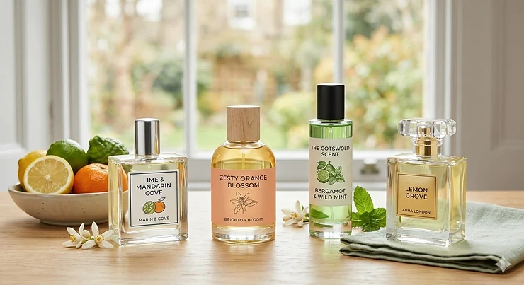 A selection of fresh citrus perfumes for women under £35, including brands like Brighton Bloom, displayed on an oak table in natural British daylight. citrus perfume women under £35