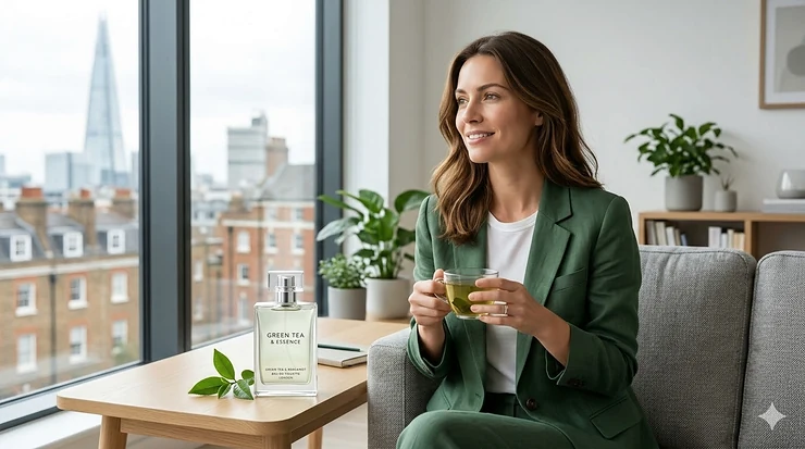 A professional woman in a green linen blazer smiling in a modern London flat, with a bottle of green tea fragrance on a wooden table. green tea fragrance women