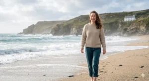 A woman enjoying a crisp morning walk along a British beach, evoking the airy scent of a fresh marine perfume.