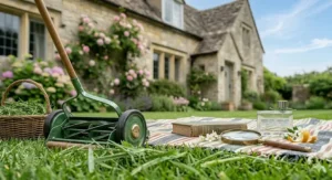 A vibrant drawing of a classic UK back garden with a mown lawn and flower borders, highlighting the inspiration for fresh green scents.