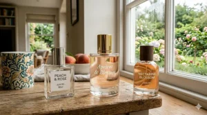 A flat lay of three different peach-scented bottles, comparing the best budget peach fragrances under £45.