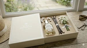 A premium Aura Britannia gift box containing the coconut and vanilla perfume, vanilla pods, and a small bouquet of white flowers, perfect for a special occasion.