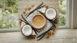 An artistic overhead view of vanilla beans and coconut halves swirling together to represent a balanced perfume blend.