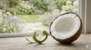 A photorealistic halved coconut with fresh coconut water and a green lime zest twist, representing the refreshing top notes of the perfume blend.