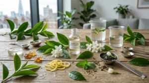 A detailed flat lay of botanical perfume ingredients including green tea leaves, jasmine petals, lemon zest, and essential oil droppers.