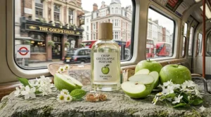 A bottle of crisp green apple perfume displayed with sliced fruit and jasmine flowers against a blurred London cityscape.