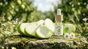 Freshly sliced Granny Smith apples and a small essential oil vial representing the top notes of a crisp green apple perfume.