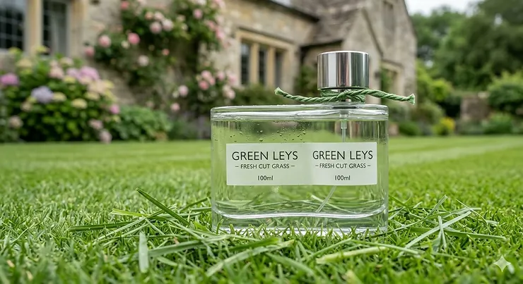 A premium glass perfume bottle sitting on a lush, freshly mown green lawn in a British garden, evoking a fresh cut grass scent. cut grass perfume fresh