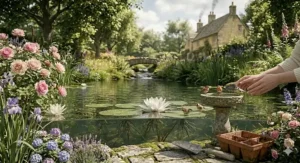 A tranquil garden scene with native British birds perched on a stone birdbath, surrounded by water lilies and foxgloves.