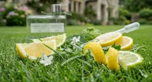 An artistic illustration of dewy grass blades and zesty lemon slices, representing the top notes of a fresh cut grass perfume.
