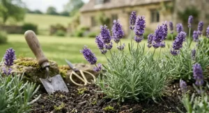 Close-up of vibrant purple English lavender flowers growing in a sunny garden, symbolising the natural base of lavender perfume for relaxation.