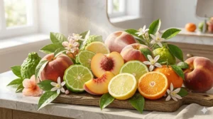 A vibrant, natural depiction of sliced juicy peaches, halved bergamot, and oranges arranged on a rustic wooden board, representing fresh citrus top notes.