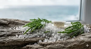 Close-up of natural sea salt crystals and dried kelp, illustrating the fresh aquatic notes of a marine fragrance.
