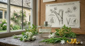 Detailed botanical sketches of galbanum and white clover, common ingredients used to create a realistic cut grass perfume.