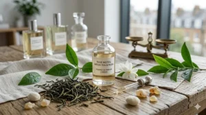 An artistic arrangement of dried green tea leaves, white musk pods, and a glass apothecary bottle showing the fragrance base notes.