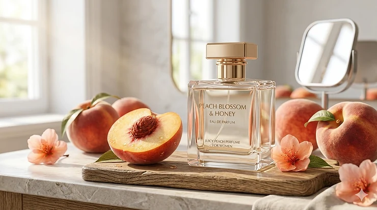 A luxury bottle of juicy peach perfume for women displayed on a natural marble countertop next to a sliced ripe peach, spring blossoms, and fresh fruit. juicy peach perfume women