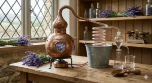 A traditional copper alembic still in a rustic workshop, used for extracting pure essential oils for lavender perfume for relaxation.