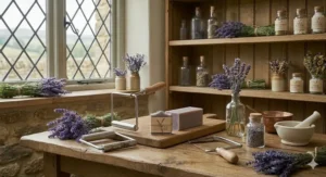 An overhead view of a lavender perfume bottle surrounded by dried lavender bunches, bergamot, and cedarwood on a neutral background.