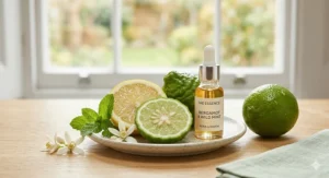 Fresh lemon and bergamot slices with a dropper bottle of essential oils, illustrating the natural zesty notes found in citrus perfume.