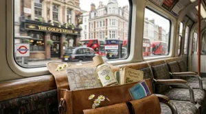 A bottle of crisp green apple perfume resting on a train window ledge with a view of a traditional London street and red buses.