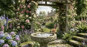 A picturesque English cottage garden featuring a stone birdbath and climbing roses, evoking the natural environment of a floral fragrance.