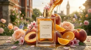 A high-detail photograph of a "Londres Peach" Eau de Parfum bottle with its gold cap, highlighting the long-lasting juicy peach scent on a wooden surface.