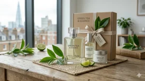 A premium green tea fragrance gift set in sustainable cardboard packaging, featuring a bottle of perfume, body cream, and a linen ribbon.