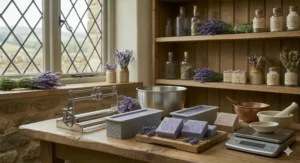 A beautifully wrapped gift box containing a bottle of lavender perfume for relaxation, tied with a purple silk ribbon.