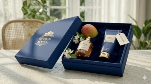 A premium British gift box containing a mango eau de parfum and matching tropical body lotion.