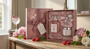 A beautifully wrapped gift box containing a raspberry perfume and matching lotion, perfect for a sweet gift for her.