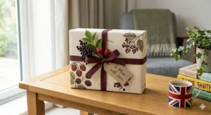 The berry fragrance gift set elegantly wrapped in textured cream paper with a burgundy recycled ribbon and a handwritten 'To Mum, with Love' gift tag.