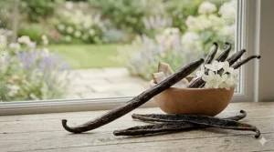 Detailed Madagascar vanilla pods and delicate white blossoms in a small clay bowl, illustrating the creamy heart notes of the fragrance.