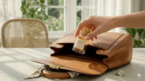 A small, travel-sized bottle of mango perfume, perfect for a handbag during a UK summer outing.