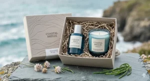 A luxury marine fragrance gift set featuring a 50ml bottle and scented candle, ideal for the UK seasonal market.