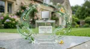 A modern, minimalist illustration of a perfume bottle surrounded by abstract green swirls to represent a clean, fresh aroma.