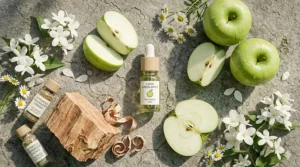 Flat lay of green apples, white jasmine blossoms, and cedarwood essence used in a luxury crisp green apple fragrance.