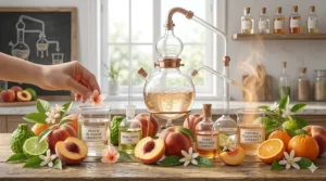 A sophisticated laboratory distillation setup with glass alembics and beakers, featuring peach absolute and bergamot oil for natural women's fragrance.
