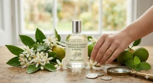 A bottle of Brighton Bloom Orange Blossom and Neroli perfume surrounded by fresh white blossoms on a rustic oak table.