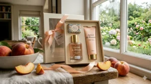 A beautifully wrapped peach fragrance gift set priced under £45, ideal for birthdays or Mother's Day.