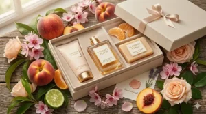 An elegant luxury gift set containing a juicy peach fragrance for women, a scented body lotion, and artisan soap, all presented in a cream-coloured ribboned box.