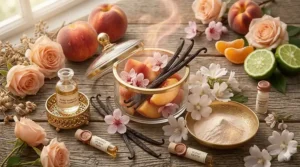 A detailed arrangement of vanilla pods, musk powder, and sliced peaches in a gold-rimmed glass jar, illustrating the warm and sophisticated base notes of the perfume.