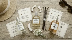 A visual layering guide with instructional cards showing how to pair the coconut and vanilla perfume blend with floral and woody oak scents.