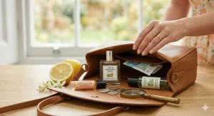 A woman reaching into a tan leather handbag containing travel-sized citrus perfume bottles and British five-pound notes.