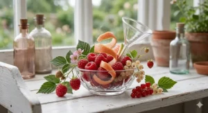 A bottle of sweet raspberry perfume placed on a garden tea table with scones and jam, evoking a British summer.