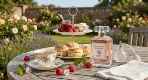 Flat lay of fresh raspberries, vanilla pods, and rose petals representing the heart of a sweet gourmand perfume.