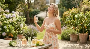 A woman in a sun-drenched British garden applying a refreshing citrus fragrance mist from a curated collection of budget-friendly perfumes.