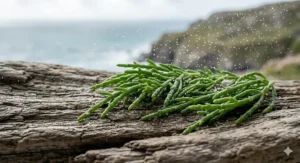 Fresh green samphire and driftwood sprayed with water, showing common British botanical ingredients in marine scents.