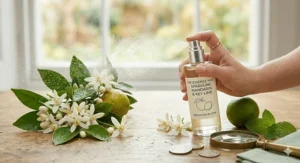 A woman's hand spraying a sparkling mandarin and key lime fragrance mist, with the fine spray caught in soft morning light.