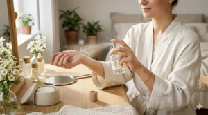 A woman in a white linen dressing gown applying crisp green apple perfume to her wrist at a wooden dressing table.